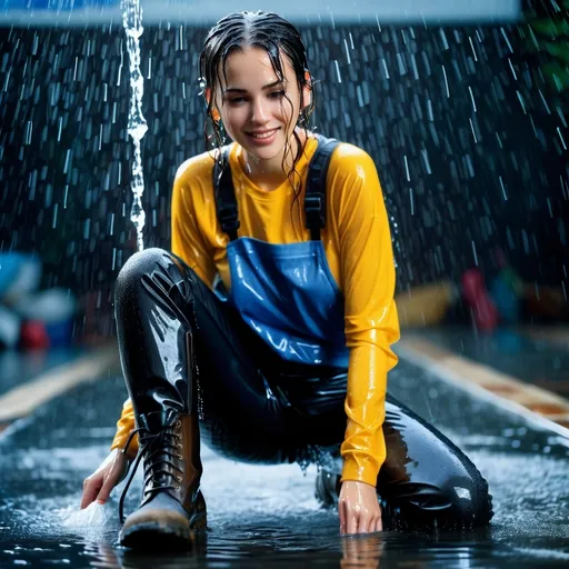 Prompt: photo of young woman, soaking wet clothes, Boots , Socks, ,  , ,   enjoying, water dripping from clothes, clothes stuck to body,  detailed textures of the wet fabric, wet face, wet plastered hair,  wet, drenched, professional, high-quality details, full body view.