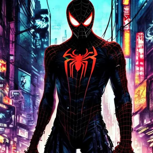 Prompt: Gritty Todd McFarlane style black and neon Spiderman. Full body. Gritty, futuristic army-trained villain. Bloody. Hurt. Damaged. Accurate. realistic. evil eyes. Slow exposure. Detailed. Dirty. Dark and gritty. Post-apocalyptic Neo Tokyo .Futuristic. Shadows. Armed. Fanatic. Intense. 