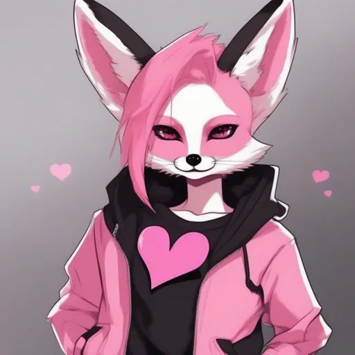 Prompt: Pink punk hair, pink fennec fox, black pink eyes, with a black eyepatch on the right side, with a pink heart shape, with pink cheeks, dark brown long sweater with sleeves, black pants with a black belt