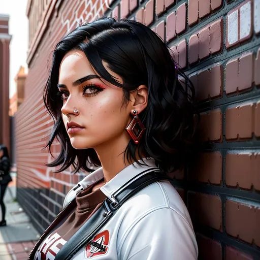 Prompt: In the midst of the urban chaos, a rebellious young woman stands defiantly before a backdrop of a vibrant red brick wall covered in graffiti. The portrait demands precision and a high-quality professional photographic touch to capture her essence. The focus centers on her face, capturing every intricate detail of her piercing gaze and determined expression.

Her short black hair is styled in a bold undercut, with a rebellious touch of a blue streak cascading down one side. The lighting is crucial, as a single streetlamp casts a moody glow upon her, creating an atmosphere of mystery and adventure.

She stands with one foot resting confidently on the graffiti-adorned brick wall, while her arms are defiantly crossed beneath her chest, exuding an aura of confidence and self-assurance. The detailed background showcases the raw beauty of urban street art, a reflection of her punk spirit and individuality.

The photograph demands perfection in portraying the rebel spirit within her, capturing the essence of her fierce persona against the backdrop of a gritty urban setting. It is a vision of defiance, power, and artistic flair—a snapshot that encapsulates the heart and soul of a rebellious young punk woman embracing the night with unapologetic intensity.