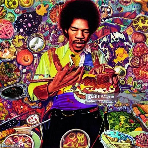 Prompt: jimi hendrix surrounded by food "electric lunch lady land" psychedelic album 8k