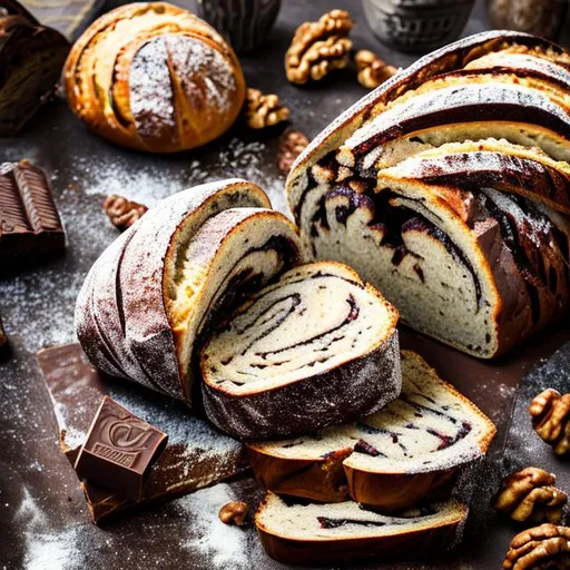Prompt: artisan bread, babka chocolate walnut, advertising, photography, splash chocolate, hd