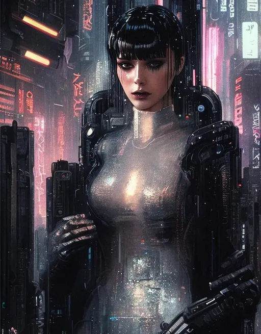 Prompt: create a beautiful futuristic women with background similar to blade runner movie 