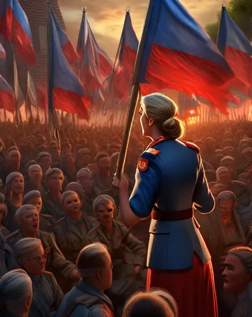 Prompt: A military general delivers an impassioned speech to rally her troops before battle, fiery light from the setting sun streaming in through billowing red and blue flags behind her. In the style of Andrew Prokos. ultra detailed, highly detailed scenario, photorealistic, intricate, masterpiece, UHD, HDR, symmetric, coherent, epic detail, stunning, beautiful, ,lumen render ,lumen path tracing ,path tracing light ,path tracing shadow ,path tracing special fx, 