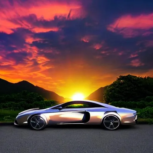 Prompt: Expensive luxery car drives into the sunset. The sun sets in the background giving off beautiful lighting.
