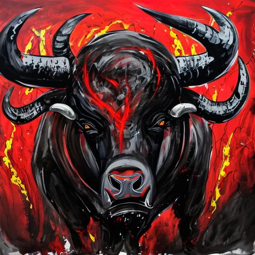 Prompt: Vanggoh style expressionism painting of a big black bull with glowing red eyes that is angry and raging