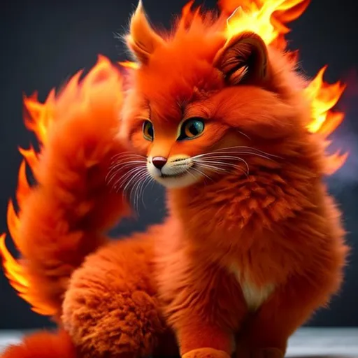 Prompt: Cute, red, fluffy, fiery fur, fire cat, possessing the element of fire and making circles of fire and flame move around in the air in a magical way. Perfect features, extremely detailed, realistic, complimentary colors