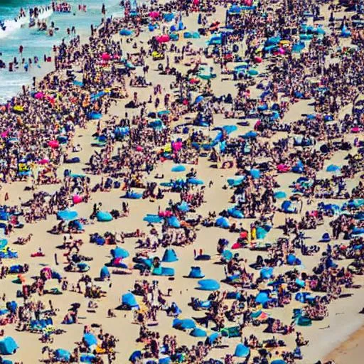 arial view of crowded beach with people surfing | OpenArt