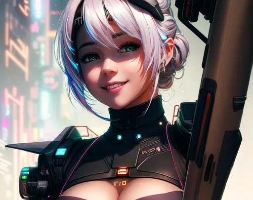 Prompt: [award winning photo portrait of a cute smile girl standing outside a cyberpunk neon city street:award winning photo of a cyborg, bundle of glowing fiber optic cables:0.2], epic realistic, art, (hdr:1.2), (muted colors:1.2), pastel, hyperdetailed, (artstation:1.5), warm lights, dramatic light, (intricate details:1.2), vignette, complex background