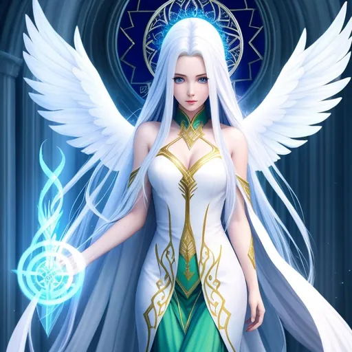 Prompt: ((elf wizard)), female, angel wings, halo, long hair, pale skin, symmetrically colored hair, ((full body)) {{good looking}} {{cute}} {{good body}} {{tight}}, {{shadows}},