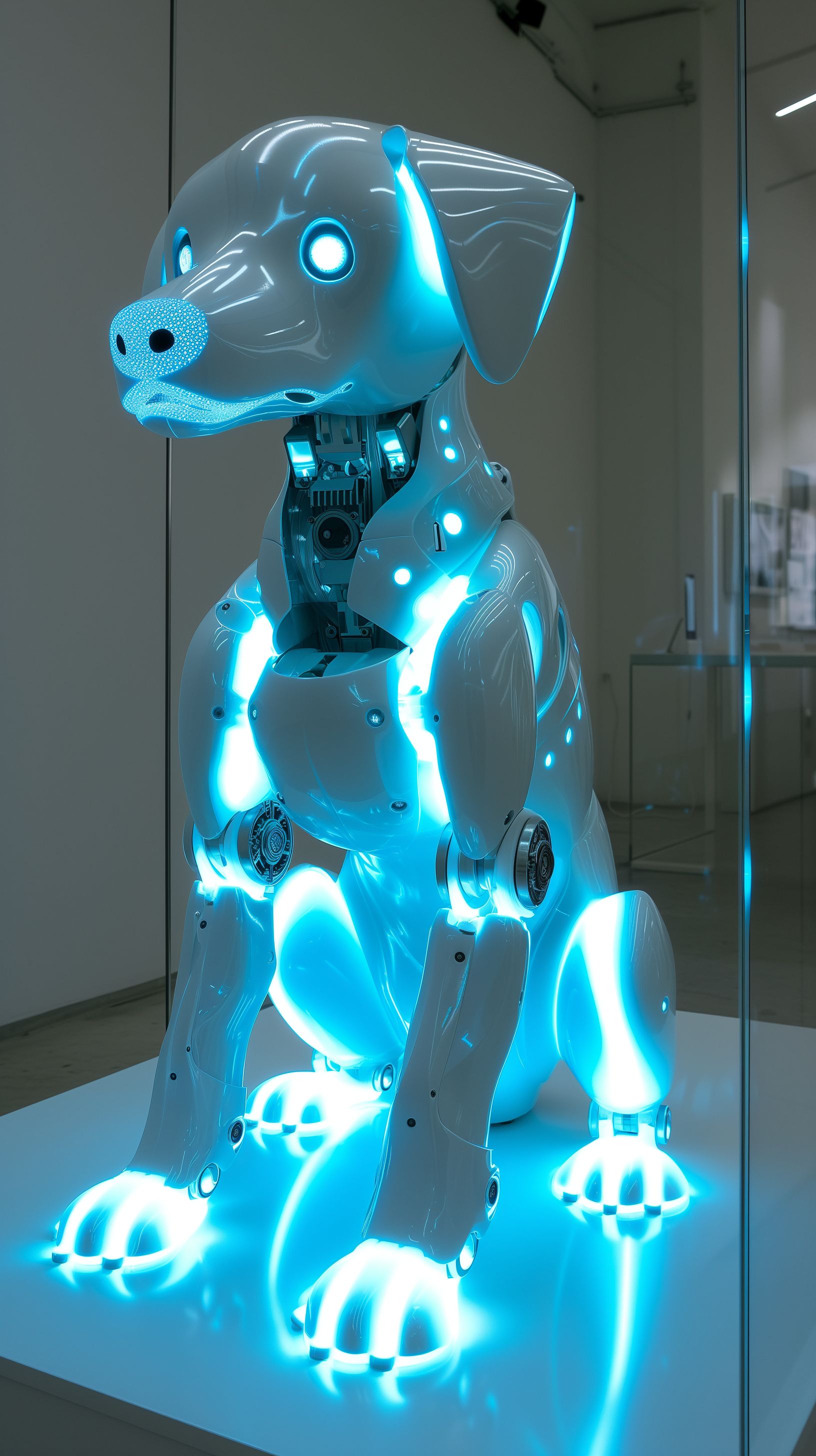 Prompt: a robot dog made by apple clean whites with glowing blue outlines, blue glowing gears, sleak, glowing blue LED eyes, clean soild white plating, friendly looking, sitting, bright white show-room full of apple products, see through white plastic, 90s astetic, late 90's apple products --ar 9:16 --v 6.0