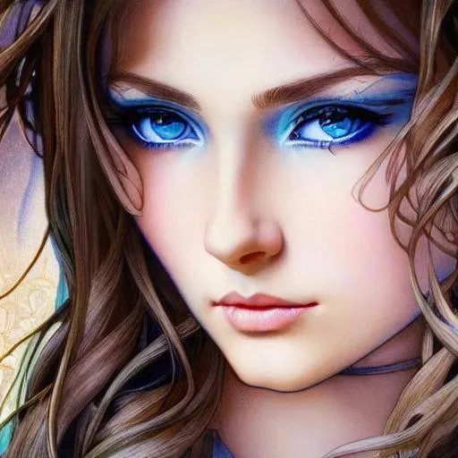 Prompt: SamDoesArt, a girl, detailed face, modern clothing, golden ratio, modern setting, art by Alan Lee and Albrecht Durer and alphonse mucha Bright blue eyes, Blue eyes the color of the ocean