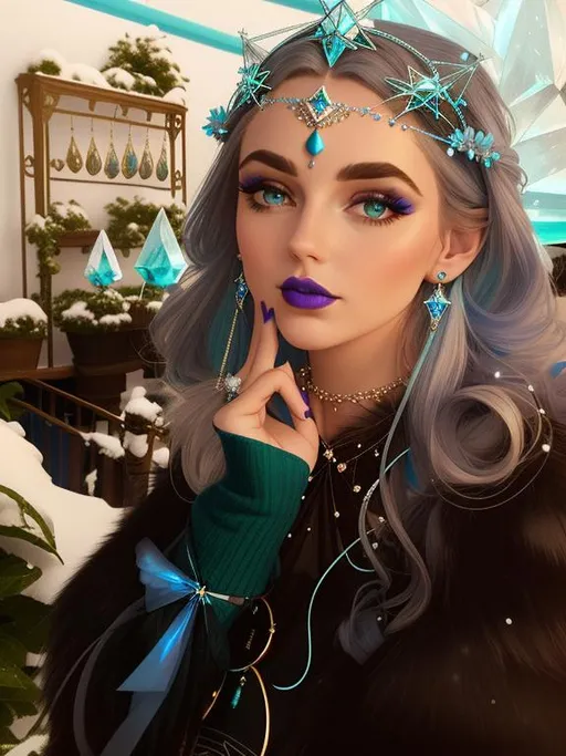 Prompt: GeminiTay, Heavy snow, Giant Blue Orb in Sky, Long Straight Blue hair, Ice crystal tiara with Green Flowers, Thick bushy blue eyebrows, medium sized nose, plump diamond shape face,  Blue lips, ethereal blue eyes, Triangle Star earrings, soft ears, Large blue plastic chain around neck, Blue heart necklaces, Purple candy shaped rings, Large blue fur coat with armor underneath. Scaley gloves. Long Blue Skirt with moons.