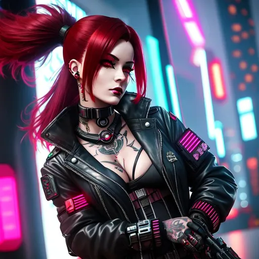 Prompt: A cyberpunk woman with baddie vibes covered in tattoos, dark red hair, military black, shadow soldier, futuristic, neon, dystopia, cybernetic