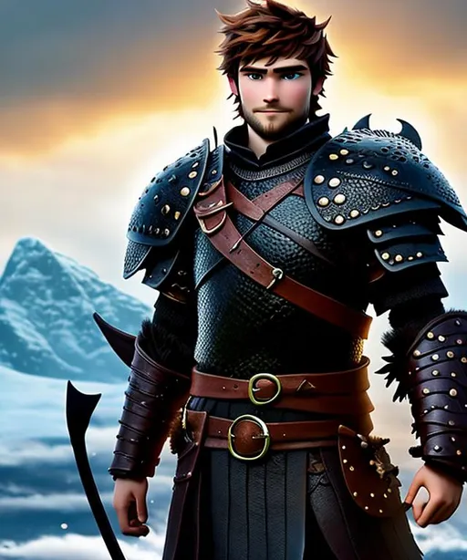 Prompt: Please produce a viking young man of 20-years-old from How to Train Your Dragon, photo session, blonde hair, short hair, (((full body visible))), looking at the viewer, portrait, photography, detailed skin, realistic, photo-realistic, 8k, highly detailed, full-length frame, High detail RAW color art, piercing, diffused soft lighting, shallow depth of field, sharp focus, hyperrealism, cinematic lighting