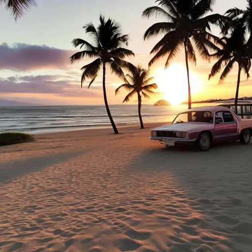 Prompt: Car sunset beach