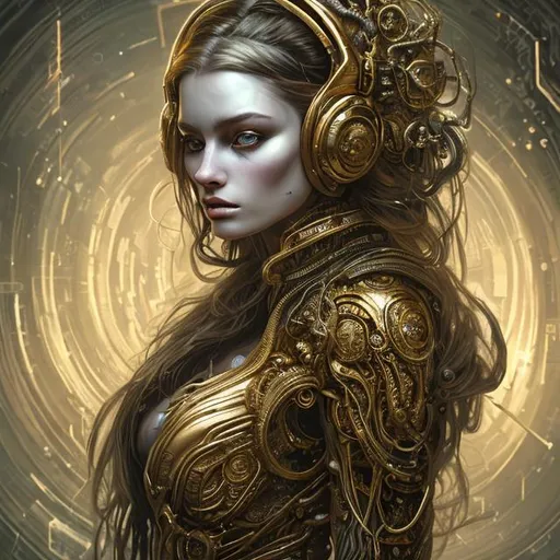 Prompt: a beautiful woman in a gold dress in a futuristic setting, in the style of realistic hyper-detailed portraits, dark fantasy creatures, twisted,Headset with btc Logo bumpert, dark cyan and dark gold, medieval inspiration, close-up, elaborate costumes