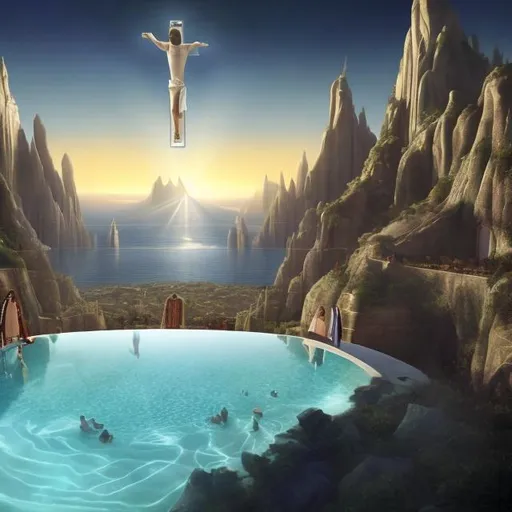 Prompt: wide view of jesus with apostles playing guitars, at an exotic rooftop infinity pool, infinity vanishing point, cthulhu background