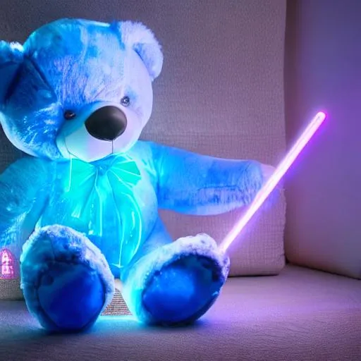 Prompt: Blue teddy bear holding magic shiny neon sword 