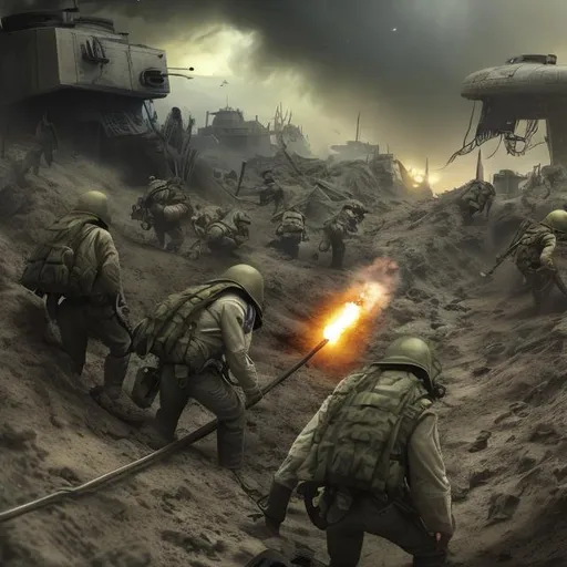 Prompt: trench warfare, scifi, realistic, gas attack, charge, jungle