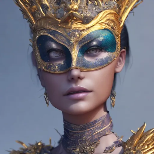 Prompt: queen, peacock, gold, mask, hyper realistic details, cinematic lighting, 3d, 8k
