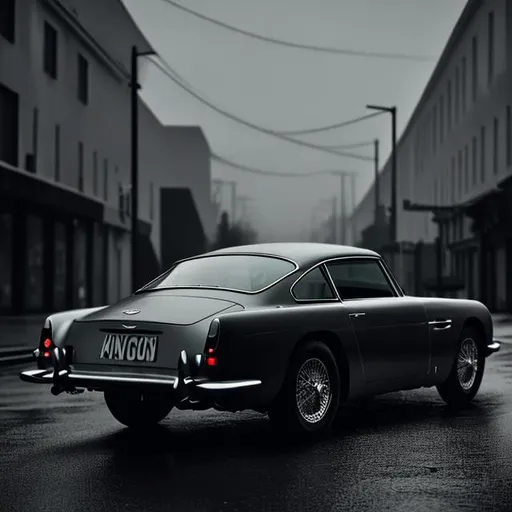 Prompt: Cinematic film still of a 1964 Aston Martin DB5 in an empty city road on a rainy evening, monochrome, side angle, Nikon Z FX
