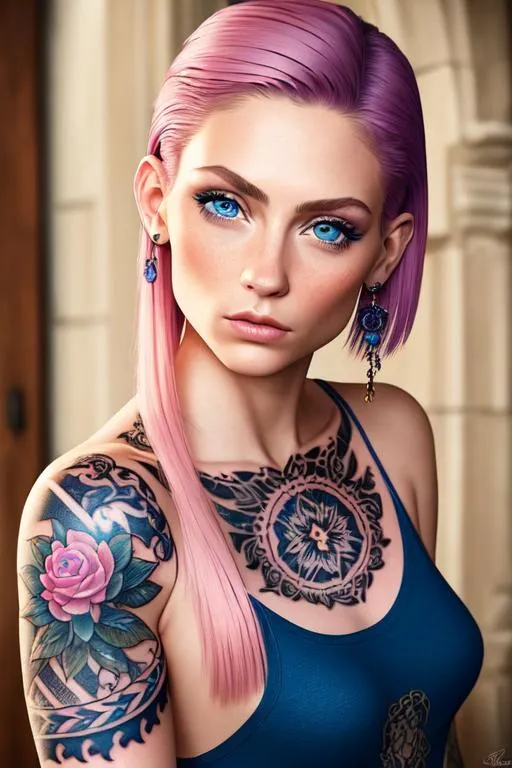 Prompt: ((best quality)), ((masterpiece)), ((realistic)), (detailed), (1 girl) women, sfw, arm tattoo, rock fashion , long hair, Short pixie with straight hair and undercut, big blue eyes, (looking at viewer:1. 2), (high angle shot:1. 3), (nose piercing:1. 3), pink hair, detailed background, in the night city, portrait, smiling, seductive look, night, (((close up face shoot))), dim lights, 8k uhd, realistic, Nikon z9, raytracing, focus face, (sharpness:2. 0)