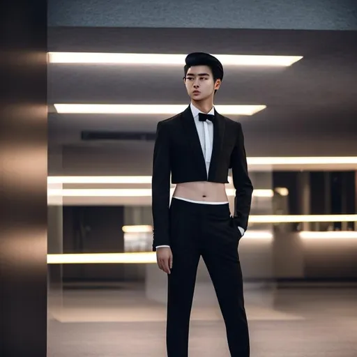 Prompt: crop top black long sleeve business suit and a black necktie, bare midriff, bare navel, black suit pants, man, 22-years old, abs, really long hair, looking around, looking left hand on forehead, outside, hdr, 4k, photo, vibrant, amazing cinematography, amazing lighting,