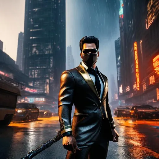 Prompt: {Mdjrny-v4 Style, highly detailed, best quality, masterpiece, 4k hdr}. a Man wearing a nice business suit, with a bronze mask covering his face. wielding a spear. (Epic). wandering through a post-apocalypse city, walking in the rain,