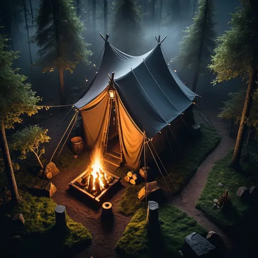 Prompt: Top-down view of a dark fantasy medieval trapper camp in the woods, detailed small tent and eerie lighting, mystical fog surrounding the area, high quality, dark fantasy, top-down angle, mystical fog, detailed tent, eerie lighting, single campfire, atmospheric, professional, detailed environment, hedges, towering trees