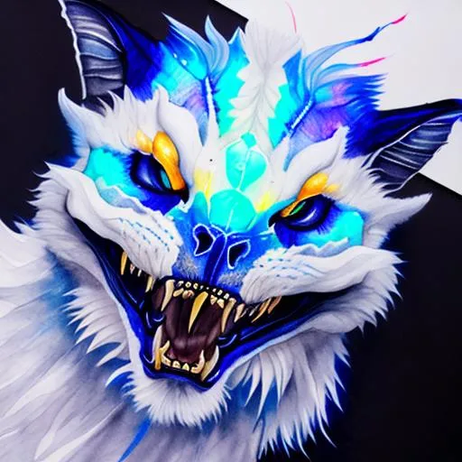 Prompt: portrait of a roaring blue and white neon skeleton dragon with fangs and iridescent black markings and a cute face, perfect composition, watercolor on paper with pencils, hyperrealistic, super detailed, 8k, high quality, trending art, trending on artstation, sharp focus, studio photo, intricate details, highly detailed