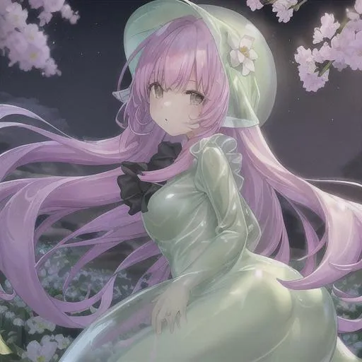 Prompt: slime girl in a field of moonblossoms at night clear sky full moon pink hair beautiful