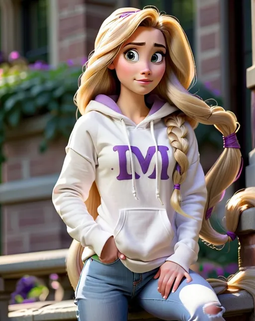Prompt: Princess Rapunzel from tangled in her early twenties attending a modern day university wearing a white hoodie and denim jeans 
