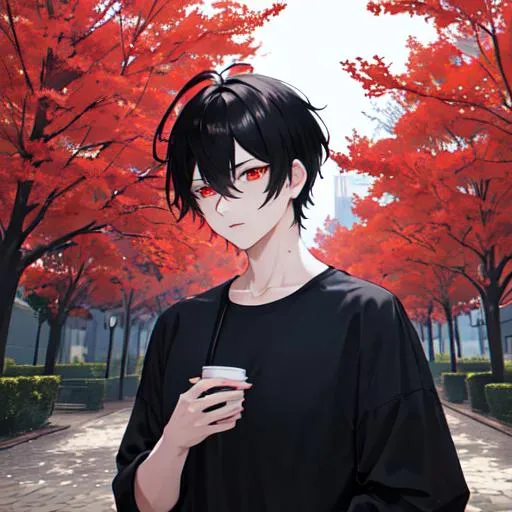 Prompt: Damien (male, short black hair, red eyes) in the park at night, casual outfit, dark out, nighttime, midnight, 8k resolution, ultra detailed, high resolution, dark out