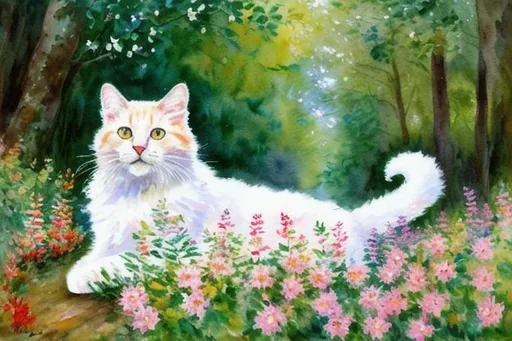 Prompt: Exploring cat, watercolor, impressionist, monet, fullbody, oil painting, realistic, detailed, realistic detailed fur, warm lighting, backlighting, shadows, white fluffy cat, calico cat, dark oak forest background, beautiful background, river background, soft, wildflowers, flowers, journey, two cats, one cat

