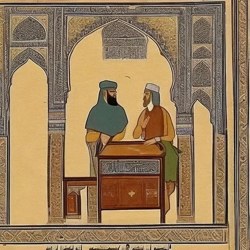 Prompt: Ancient Islamic period Conversation between a teacher and a student 