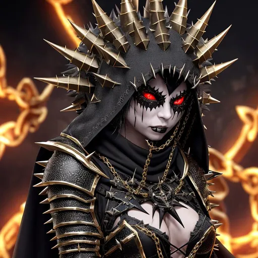 Prompt: a demonic young dark female priest with spiky golden armour, a hood that covers her eyes, mask that covers her nose and mouth, very spiky robe that is closed, chains, a lot of facial tattoos black paint around eyes and spiky armour and red eyes, Professional, Highly Detailed, Hyperrealistic, sharp focus, Professional, UHD, HDR, 8K, Render, HD, Trending on ArtStation, close up, bokeh, outdoor,