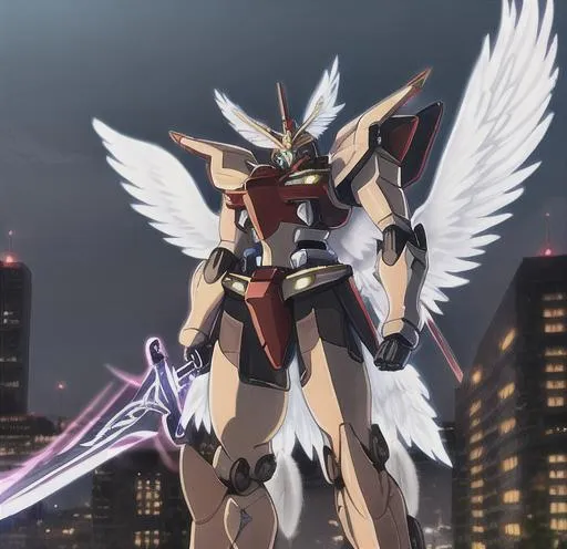 Prompt: Giant Mecha, sword in hand, standing over city background,glowing eyes, White feather wings, ultra-fine details,   
