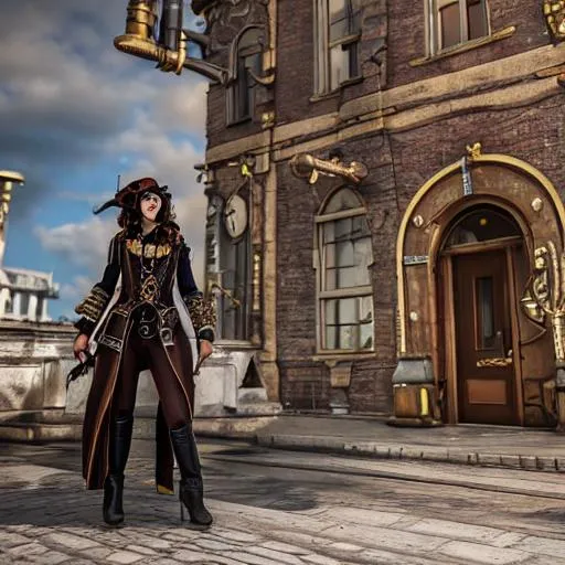 Prompt: a steampunk person near a giggent building,  UHD, HDR, 8K, RPG, UHD render, HDR render, 3D render cinema 4D, cinematic light, high res intricately detailed complex