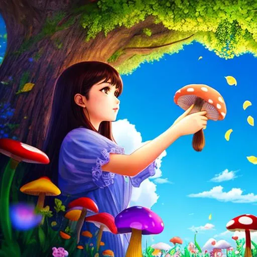 Prompt:  The mushroom girl reaching for a flower