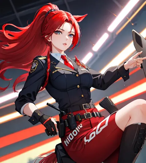 Prompt: Haley as a horse girl with bright red hair pulled back, as a police officer, UHD, highly detailed