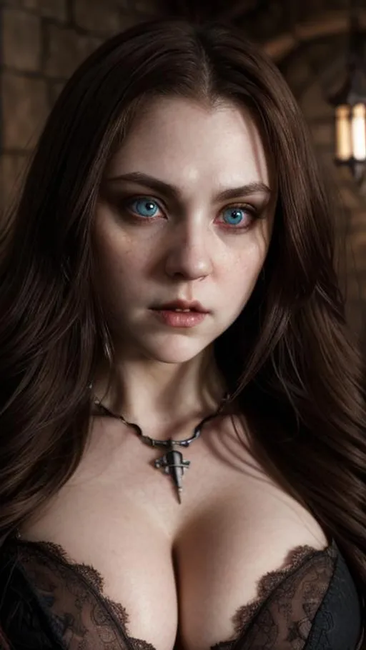 Prompt: Face portrait of a {vampire}, pale skin, big dreamy eyes, beautiful intricate brown hair, plus size, symmetrical, anime wide eyes, dungeon lighting, detailed face, concept art, {cleavage}, 4K,