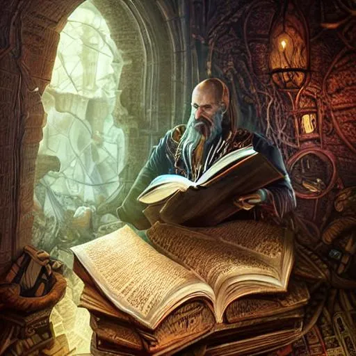 Prompt: Inside the wizard’s lair, intricately detailed wizard peering over a book, ((equations, books, lab equipment)), digital illustration, extreme detail, digital art, 4k, ultra hd, fantasy art, mysterious, metaphysical, ethereal, houdini 3d, johan grenier, hyperrealism, fire