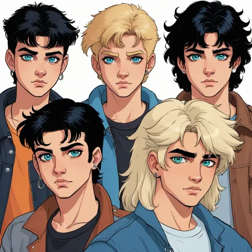 Prompt: A group of 6 boys, Stereotypical 80s bad-boy/bully types. One has blonde hair and blue eyes, one has rust-colored hair and gray eyes, one has black hair and gray eyes, one has ash blonde hair and blue eyes, one has brown hair and blue eyes, and the last one has black hair and green eyes. They're stereotypical 80s 'Gang' thing, 18-19 years old. Done in a concept art style.
