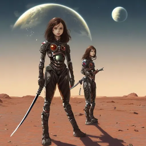 Prompt: girl with sword on mars alien invasion