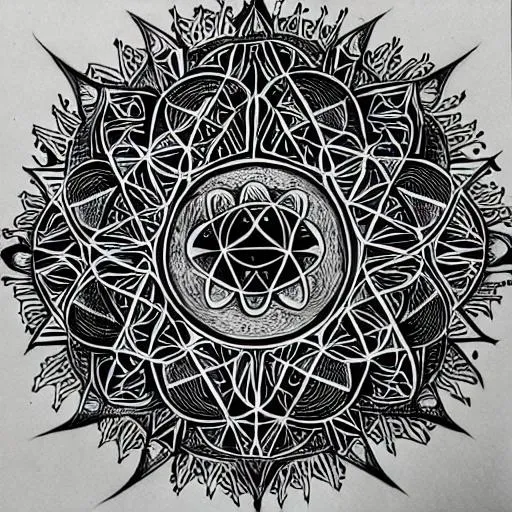 Prompt: drawing with black ink on white background, sacred geometry, psilocybin truffels, dmt, 5th dimension, spirit guide