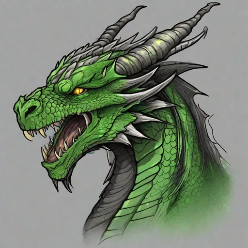 Prompt: Concept design of a dragon. Dragon head portrait. Coloring in the dragon is predominantly dark gray with bright green streaks and details present.