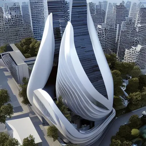 Prompt: arquitectura estilo Zaha Hadid, edificio de 15 pisos