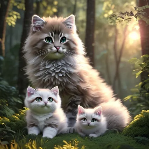 Prompt:  realistic fluffy very cute and eyes calm lighting, highly detailed, fluffy, adorable, beautiful, soft dramatic lighting, light shafts, radiant, ultra high quality octane render, daytime forest background, full body mama cat with baby kittens