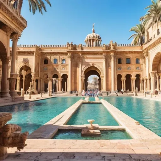 Prompt: Summer court from court of Thornes and roses with a Majestic palace hitten by the sun facing the Sea in arabic and Roman  architecture , there's water fountains and gentle breeze